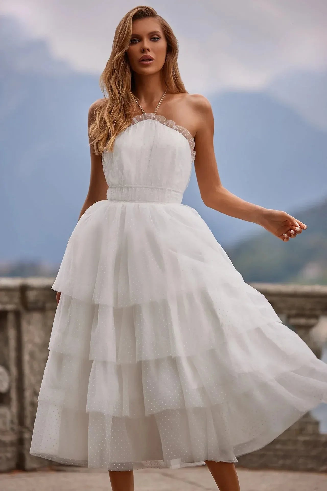 Whimsical A-Line Halter Tiered Ruffle Backless Polka-Dot White Midi Prom Dress