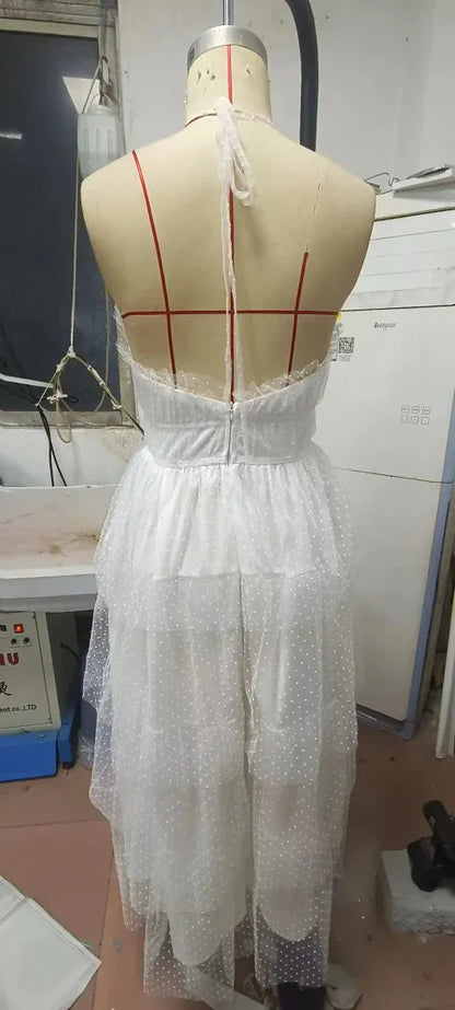 Whimsical A-Line Halter Tiered Ruffle Backless Polka-Dot White Midi Prom Dress