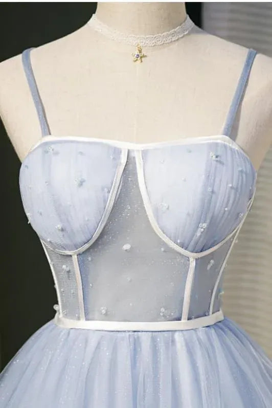 Elegant A-Line Spaghetti Strap Tulle Beaded Light Blue Short Homecoming Dress for Women