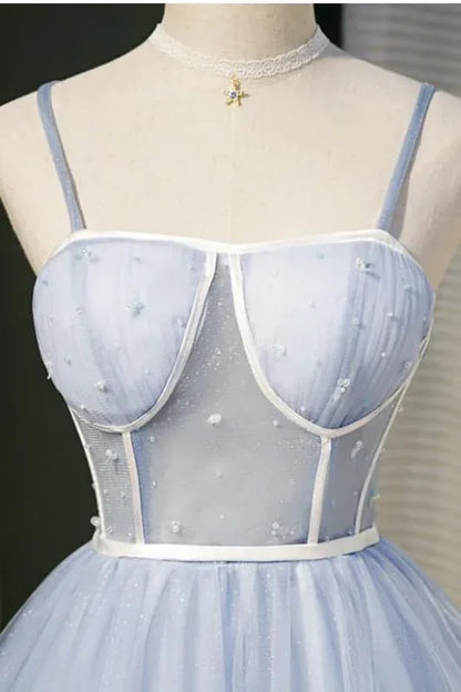 Elegant A-Line Spaghetti Strap Tulle Beaded Light Blue Short Homecoming Dress for Women