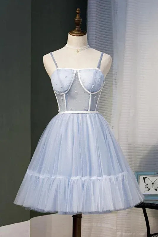 Whimsical A-Line Spaghetti Strap Tulle Light Blue Short Homecoming Dress With Beaded