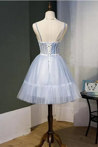 Elegant A-Line Spaghetti Strap Tulle Beaded Light Blue Short Homecoming Dress for Women