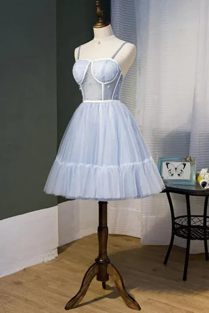 Elegant A-Line Spaghetti Strap Tulle Beaded Light Blue Short Homecoming Dress for Women