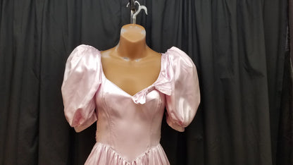 Whimsical A-Line Sweetheart Puff-Sleeve Bow Satin Pink Midi Prom Dress With Tie Waist