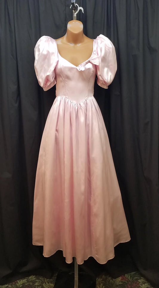 Whimsical A-Line Sweetheart Puff-Sleeve Bow Satin Pink Midi Prom Dress With Tie Waist