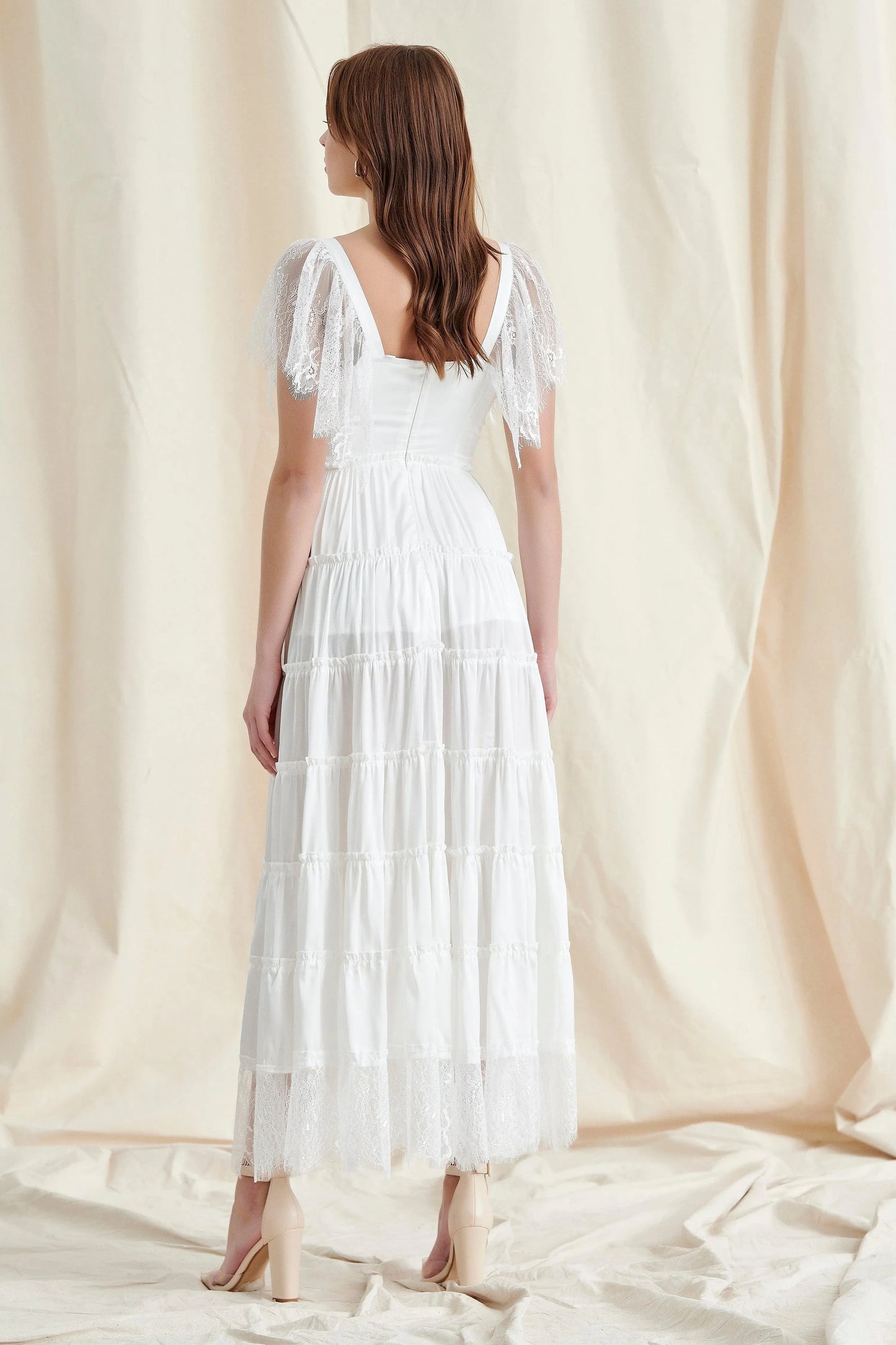 Whimsical A-Line V-Neck Lace-Sleeve White Tiered Midi Prom Dress For Women