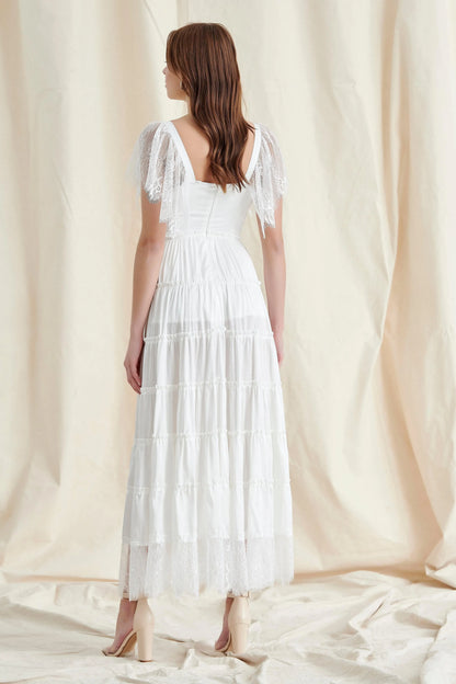 Whimsical A-Line V-Neck Lace-Sleeve White Tiered Midi Prom Dress For Women