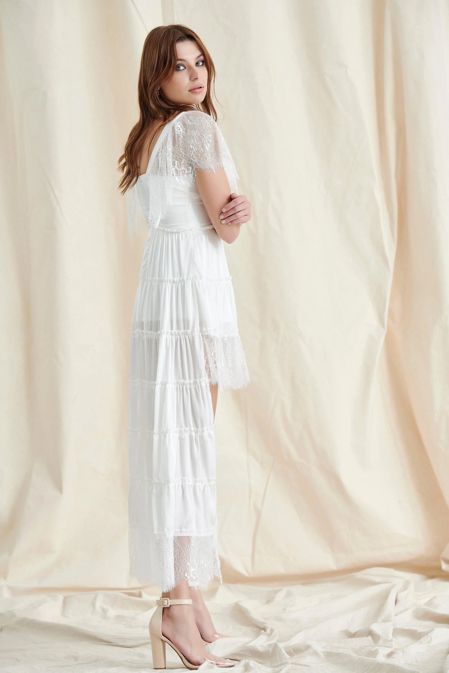 Whimsical A-Line V-Neck Lace-Sleeve White Tiered Midi Prom Dress For Women