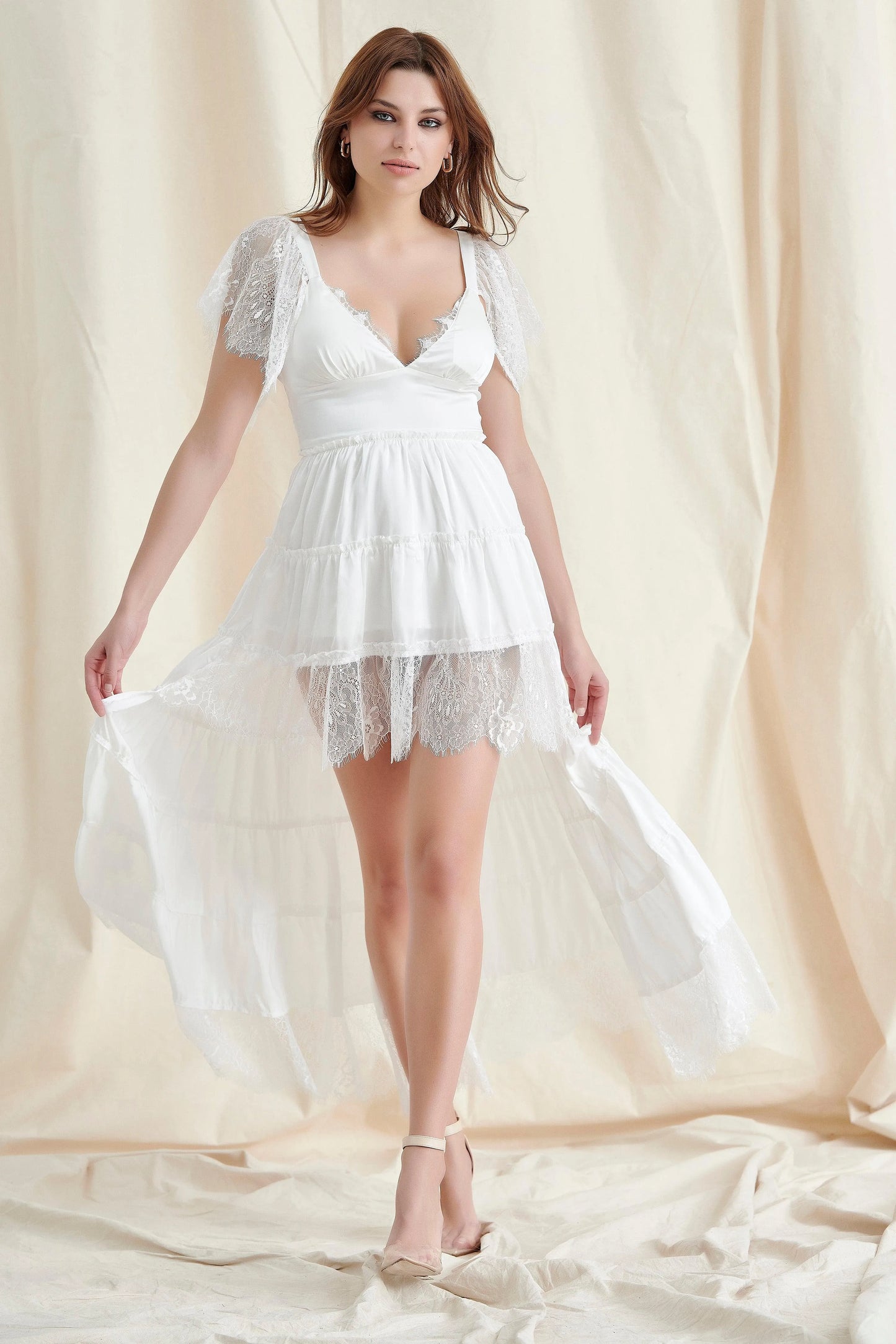 Whimsical A-Line V-Neck Lace-Sleeve White Tiered Midi Prom Dress For Women