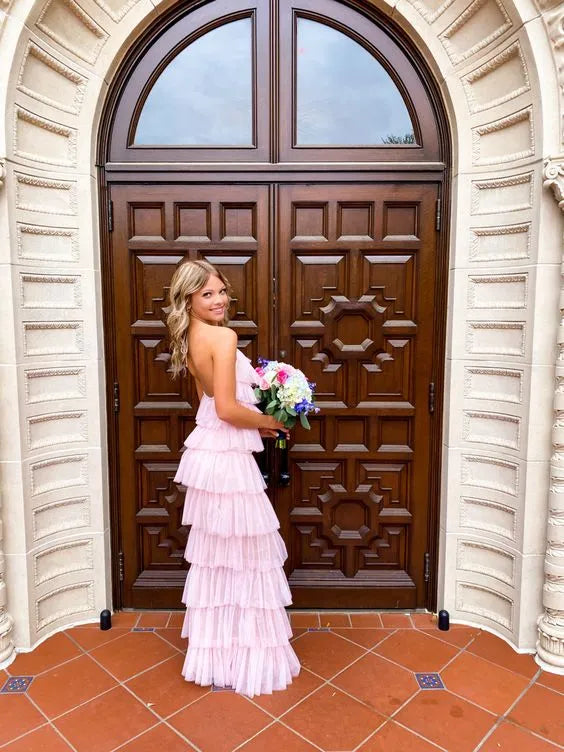 Whimsical A-line One-Shoulder Sleeveless Tiered Blush Maxi Prom Dress for Women ready to ship