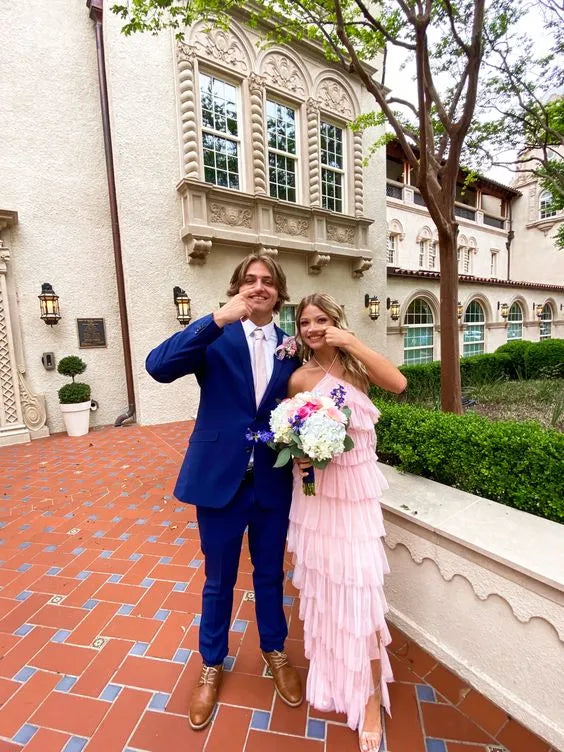 Whimsical A-line One-Shoulder Sleeveless Tiered Blush Maxi Prom Dress for Women ready to ship