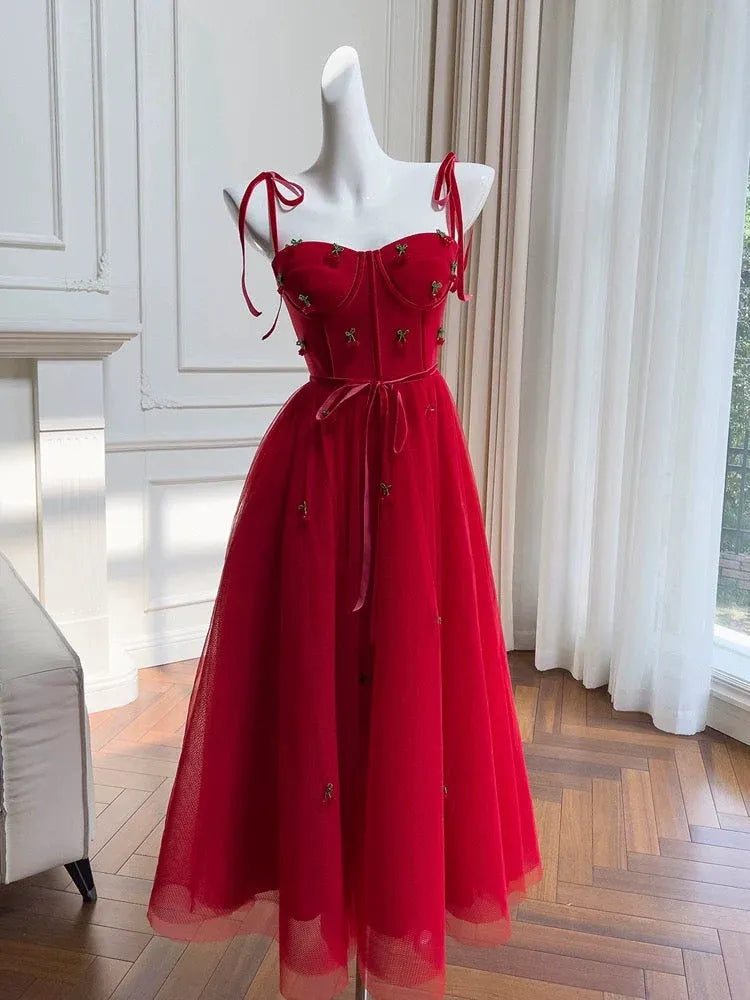 Whimsical A-line Spaghetti-Strap Sleeveless Embellished Red Maxi Prom Dress for Women Custom