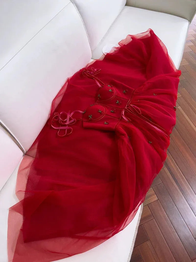 Whimsical A-line Spaghetti-Strap Sleeveless Embellished Red Maxi Prom Dress for Women Custom