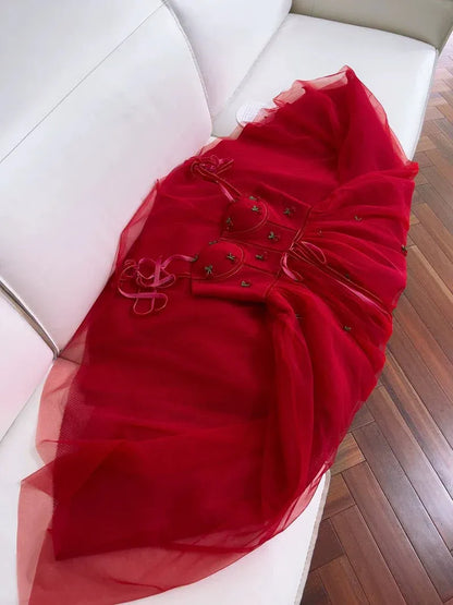 Whimsical A-line Spaghetti-Strap Sleeveless Embellished Red Maxi Prom Dress for Women Custom