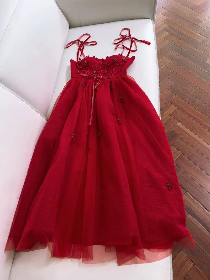 Whimsical A-line Spaghetti-Strap Sleeveless Embellished Red Maxi Prom Dress for Women Custom