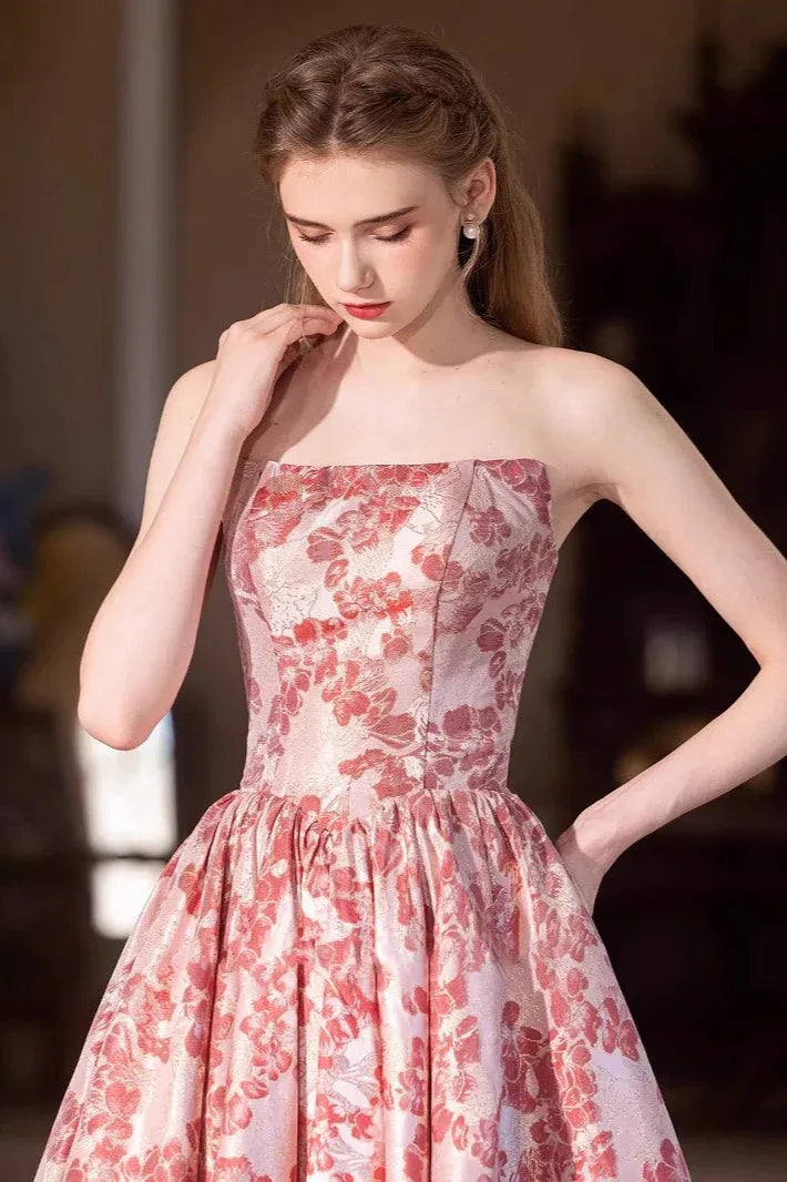 Whimsical A-line Strapless Floral Jacquard Pink Floor-Length Prom Dress with Corset Back