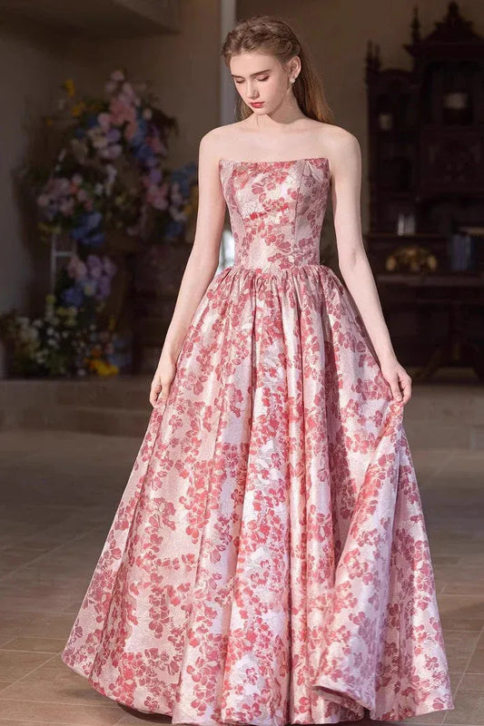 Whimsical A-line Strapless Floral Jacquard Pink Floor-Length Prom Dress Buy