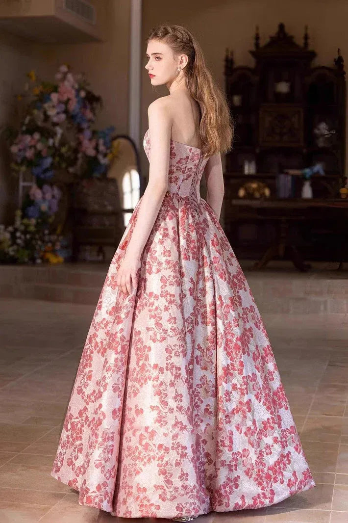 Whimsical A-line Strapless Floral Jacquard Pink Floor-Length Prom Dress with Corset Back