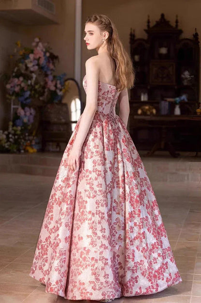 Whimsical A-line Strapless Floral Jacquard Pink Floor-Length Prom Dress with Corset Back