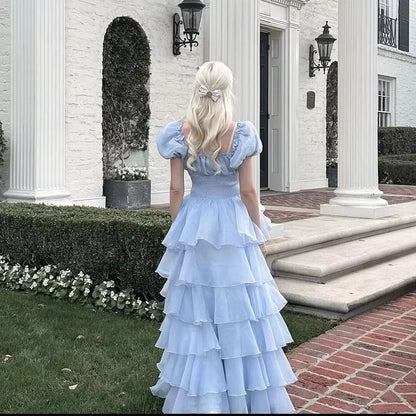 Whimsical Ballgown Square-Neck Puff-Sleeve Tiered Chiffon Light Blue Floor-Length Evening Dress for Women