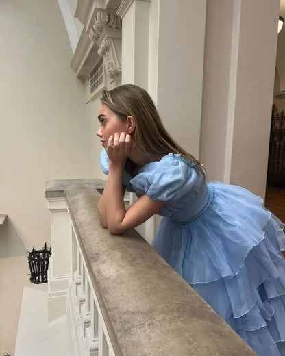 Whimsical Ballgown Square-Neck Puff-Sleeve Tiered Chiffon Light Blue Floor-Length Evening Dress for Women