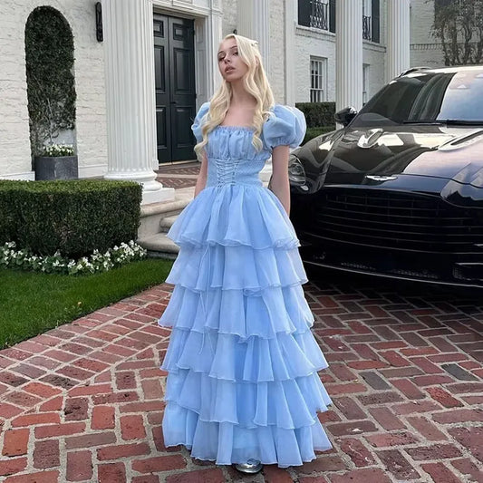 Whimsical Ballgown Square-Neck Puff-Sleeve Tiered Chiffon Light Blue Floor-Length Evening Dress for Women