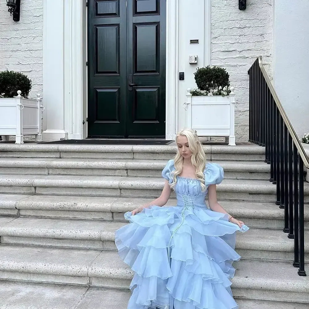 Whimsical Ballgown Square-Neck Puff-Sleeve Tiered Chiffon Light Blue Floor-Length Evening Dress for Women