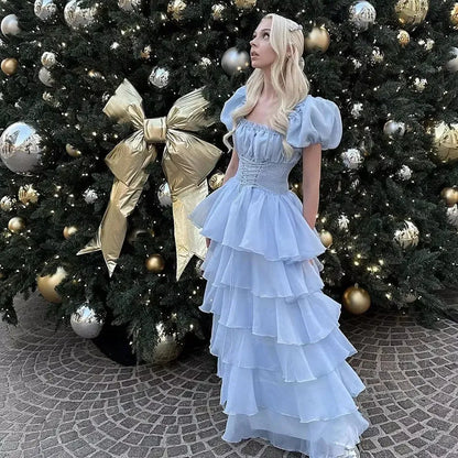 Whimsical Ballgown Square-Neck Puff-Sleeve Tiered Chiffon Light Blue Floor-Length Evening Dress for Women