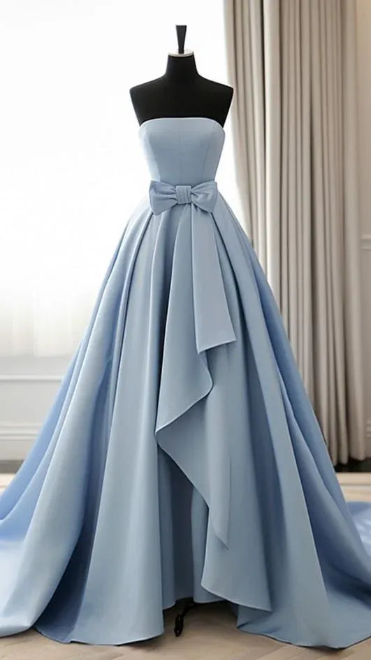 Whimsical Ballgown Strapless Bow-Accented Satin Light Blue Maxi Evening Dress for Women