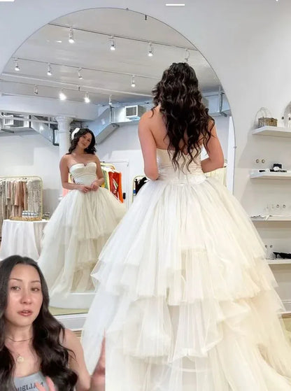 Whimsical Ballgown Strapless Sweetheart Tiered Tulle Ivory Floor-Length Evening Dress for Women