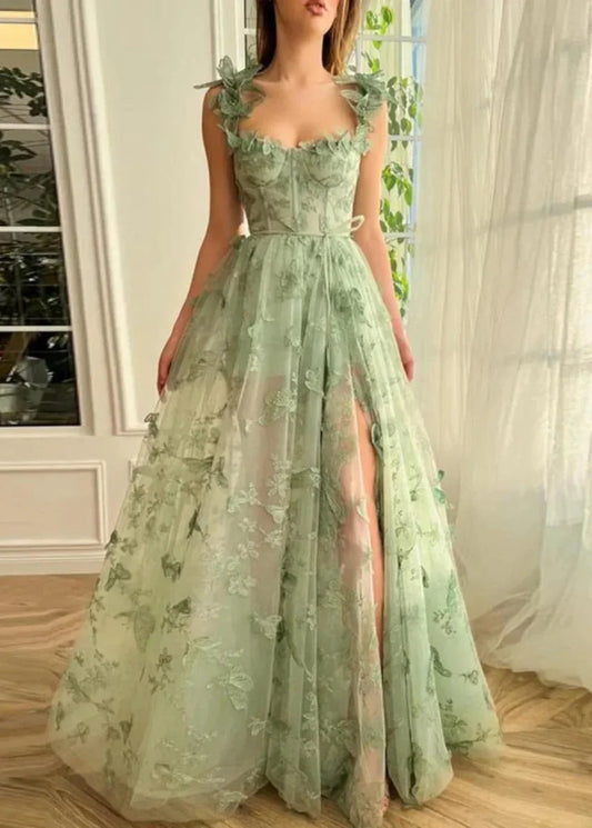Whimsical Butterfly A-line Sweetheart Spaghetti-Strap Open-back Floor-length Prom Gown