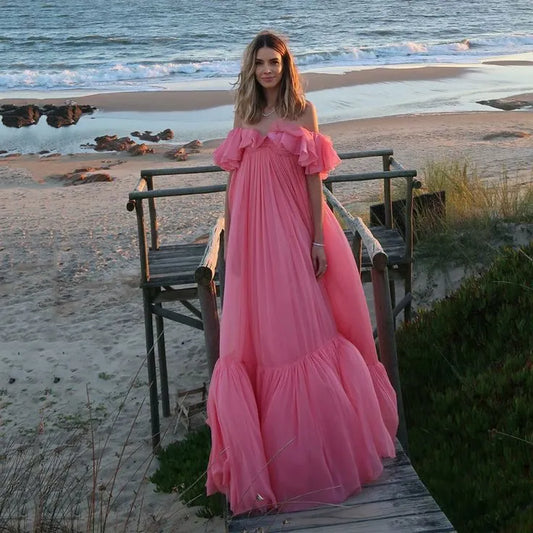 Whimsical Chiffon Long Evening Dress Coral Pink Off-Shoulder Ruffle Sleeve for Women