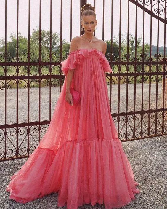 Whimsical Chiffon Long Evening Dress Coral Pink Off-Shoulder Ruffle Sleeve for Women