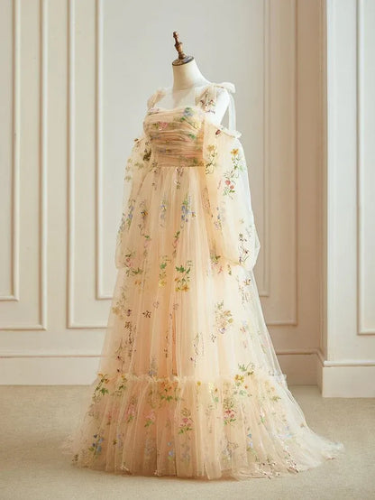 Whimsical Tulle Maxi Evening Dress Blush Off-Shoulder Puff Sleeves for Women