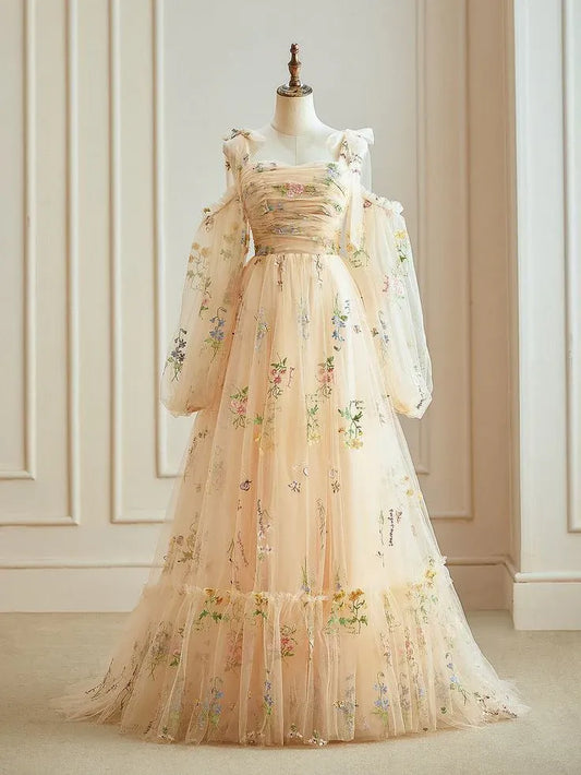 Whimsical Tulle Maxi Evening Dress Blush Off-Shoulder Puff Sleeves for Women
