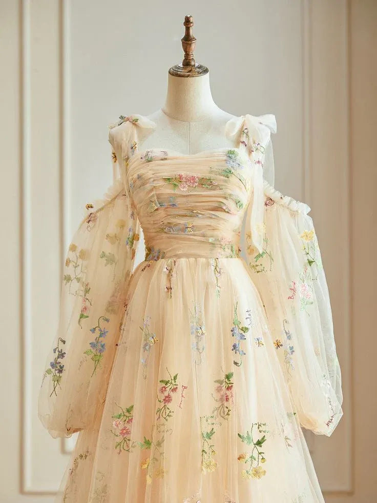 Whimsical Tulle Maxi Evening Dress Blush Off-Shoulder Puff Sleeves for Women