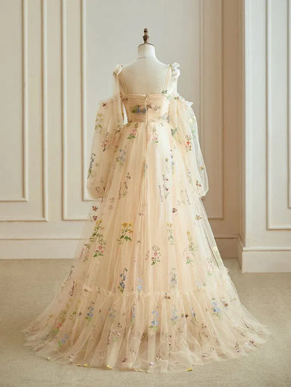 Whimsical Tulle Maxi Evening Dress Blush Off-Shoulder Puff Sleeves for Women