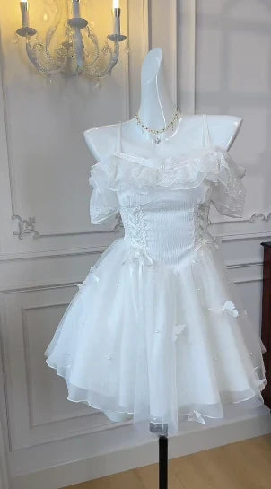 Whimsical A-Line Off-Shoulder Corset Ruffled Butterfly White Mini Homecoming Dress