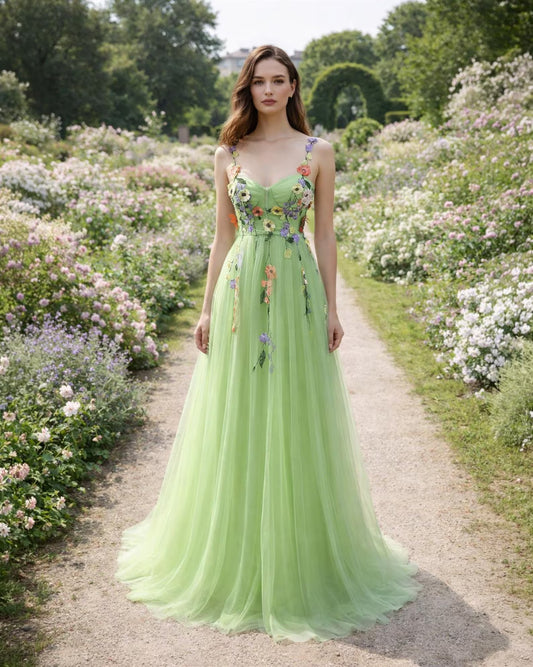 Whimsical A-Line Sweetheart 3D Floral Applique Light Green Floor-Length Prom Dress Custom