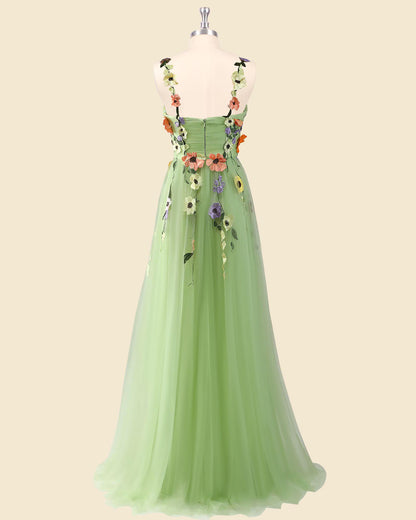 Whimsical A-Line Sweetheart 3D Floral Applique Light Green Floor-Length Prom Dress Custom