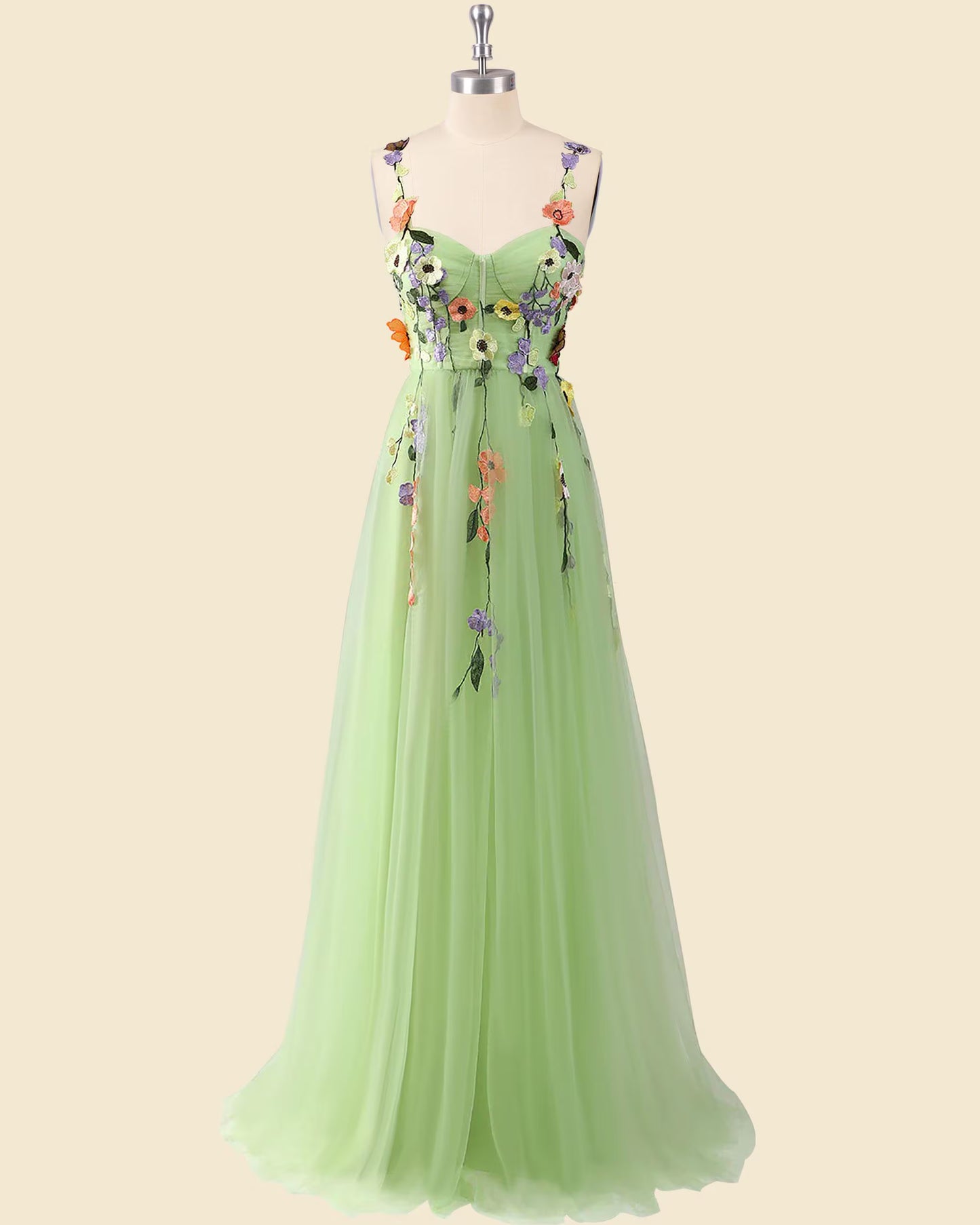 Whimsical A-Line Sweetheart 3D Floral Applique Light Green Floor-Length Prom Dress Custom