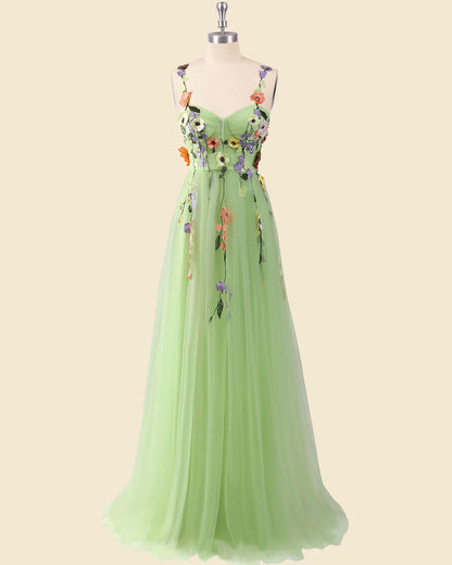 Whimsical A-Line Sweetheart 3D Floral Applique Light Green Floor-Length Prom Dress Custom