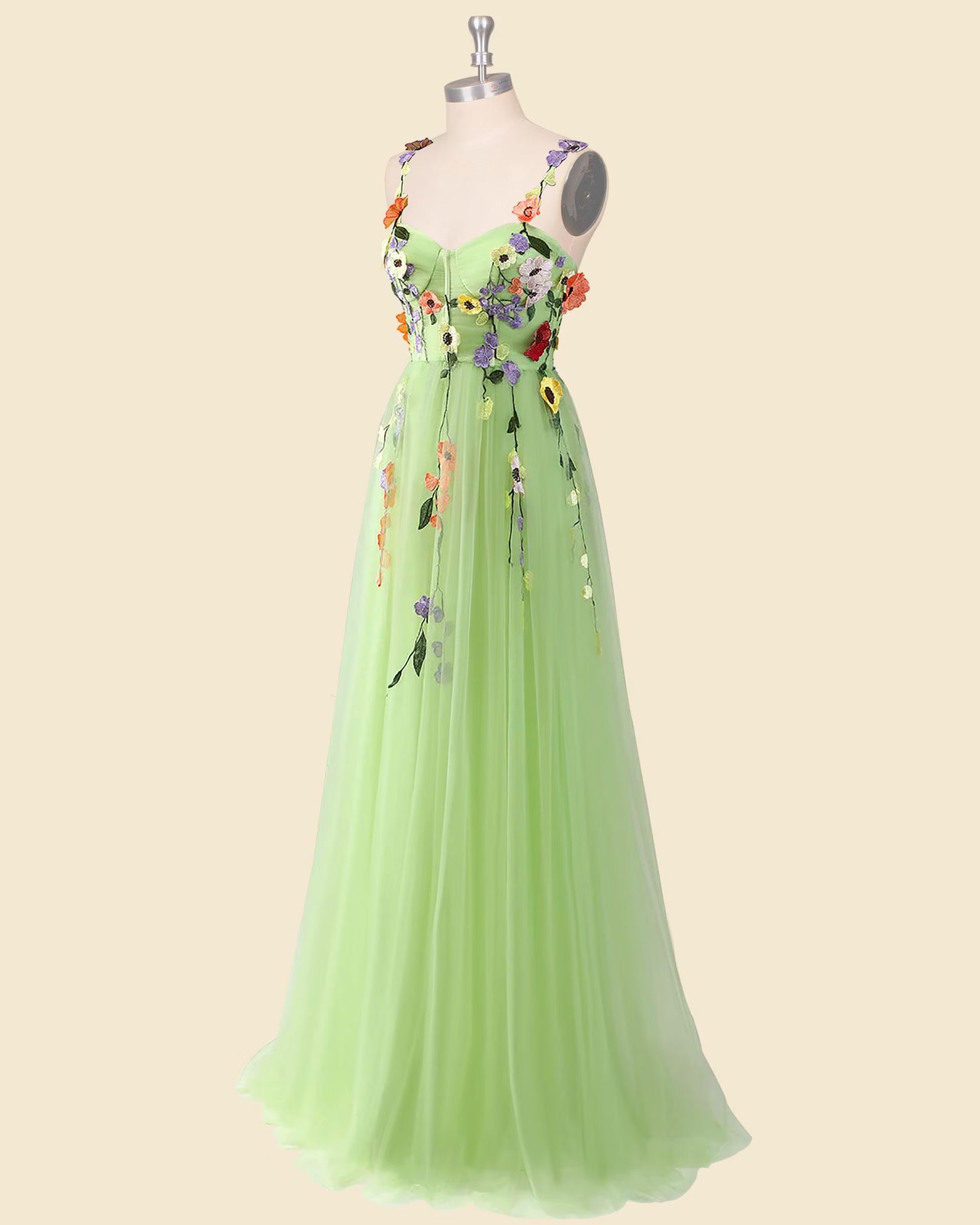 Whimsical A-Line Sweetheart 3D Floral Applique Light Green Floor-Length Prom Dress Custom