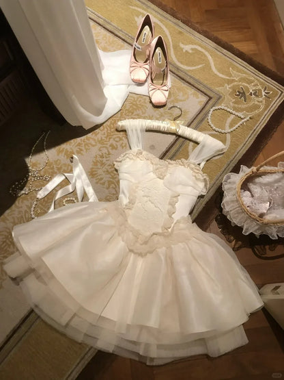 Whimsical A-Line Sweetheart Tiered Ruffle Floral Lace Ivory Short Homecoming Dresses