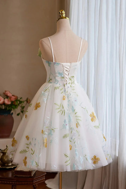 White Floral Tulle Short Prom Dress Lovely A-Line Homecoming Party Dress