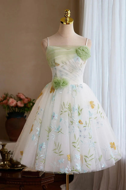 White Floral Tulle Short Prom Dress Lovely A-Line Homecoming Party Dress