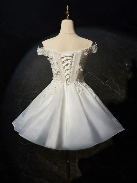 White Flowers Lace Short Prom Dress Lovely A-Line Evening Party Dress