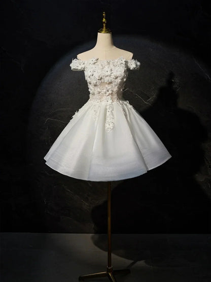 White Flowers Lace Short Prom Dress Lovely A-Line Evening Party Dress