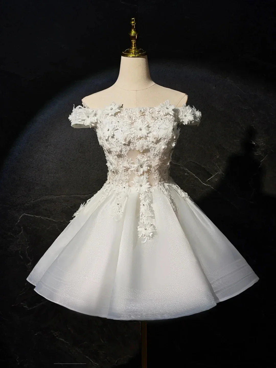White Flowers Lace Short Prom Dress Lovely A-Line Evening Party Dress