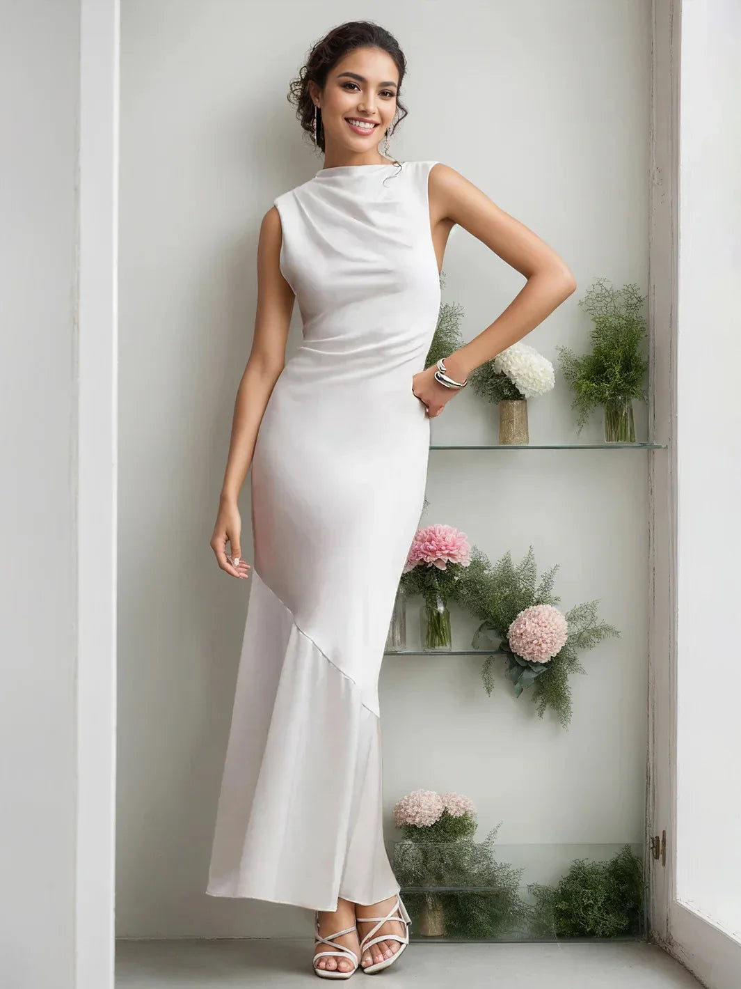 White Mermaid Trumpet Sleeveless Floor Length Wedding Guest Dress With Ruffles